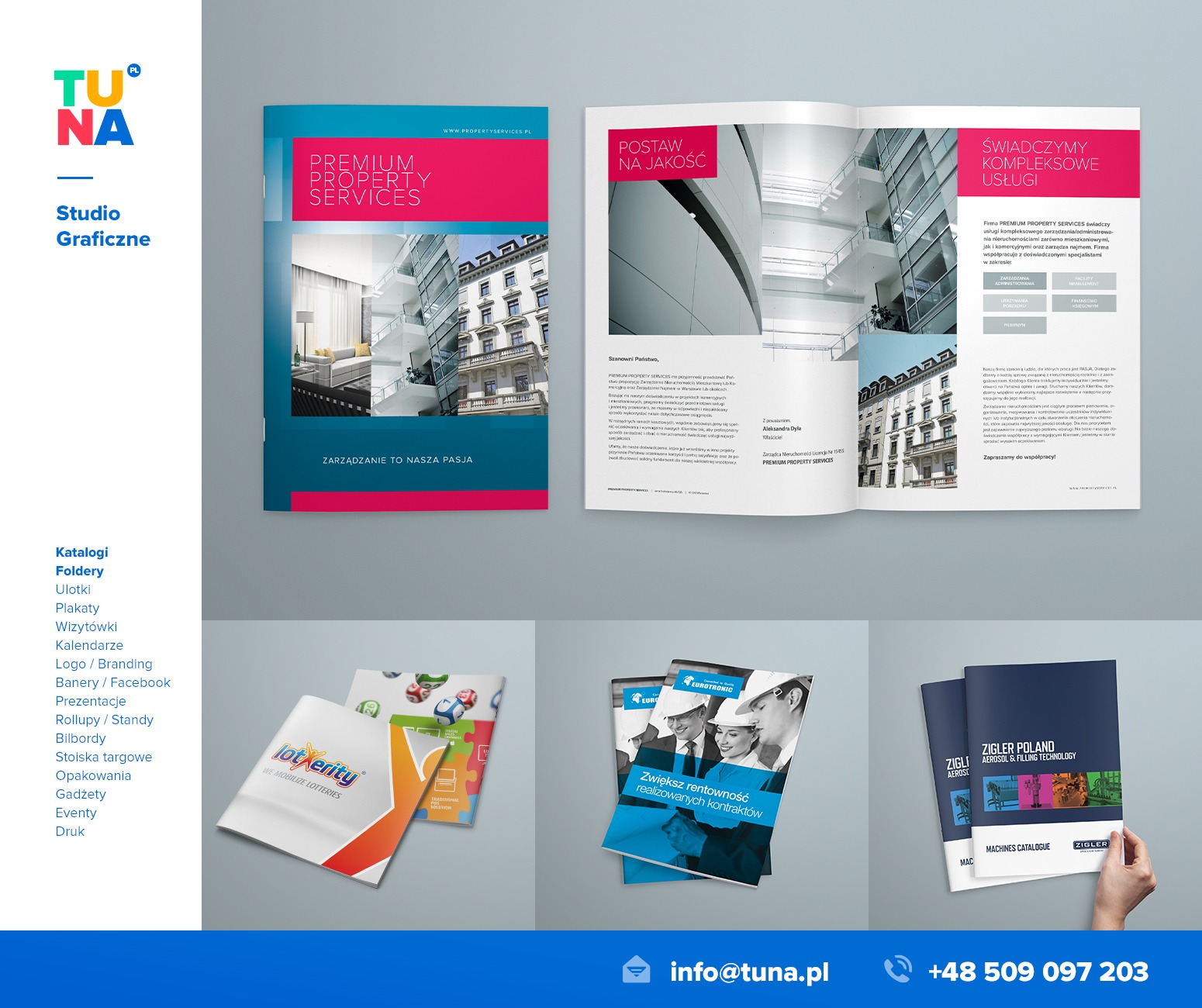 Zestawienie projektów graficznych studia TUNA, prezentujące katalogi i foldery reklamowe z różnymi motywami, od nieruchomości po loterie, ukazane na tle w kolorze niebiesko-szarym.
