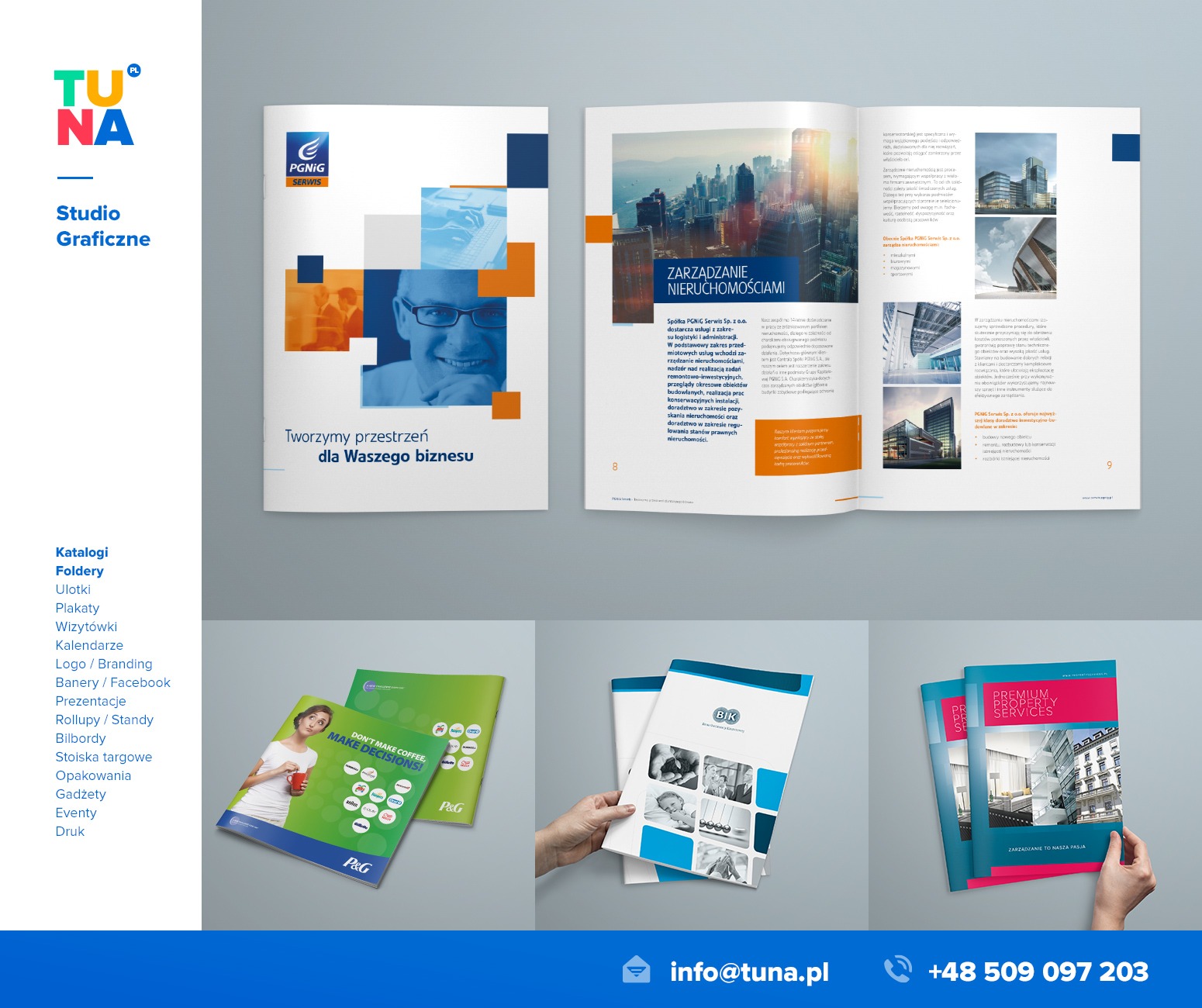 Zestawienie firmowych materiałów drukowanych, w tym katalogi, foldery i broszury reklamowe, prezentowane na szarym tle ze znakiem firmowym studia graficznego TUNA.