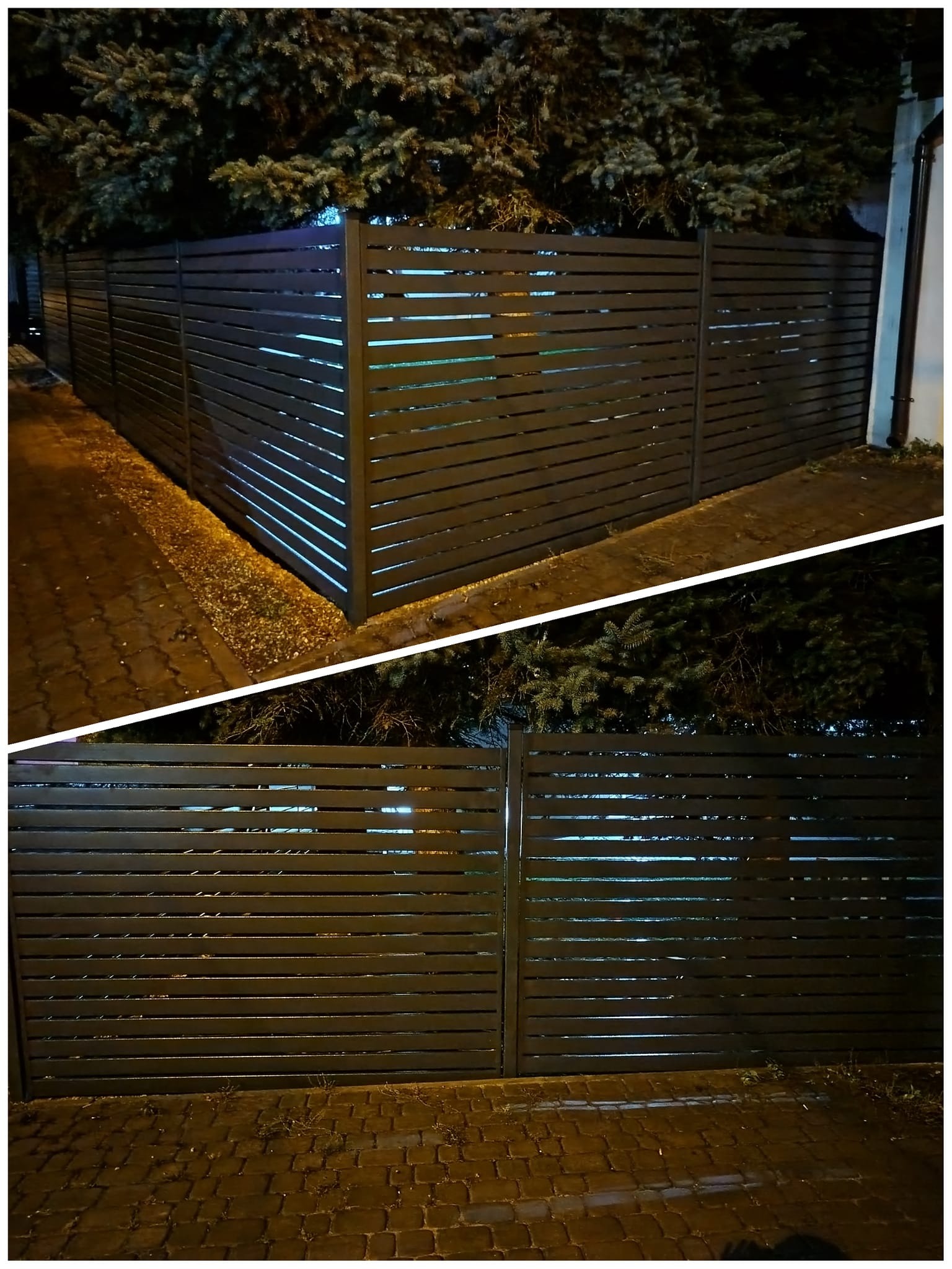 Nowoczesne ogrodzenie metalowe, poziome lamele, ciemny kolor, oświetlenie nocne. Fragment bramy wjazdowej widoczny w dolnej części zdjęcia.