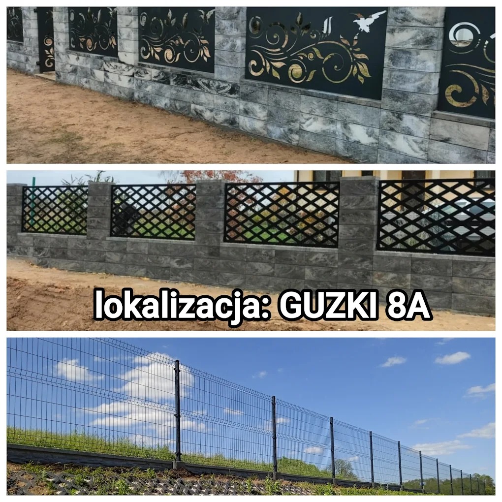 Kompilacja zdjęć ogrodzeń: dekoracyjny metalowy panel na murku z szarego kamienia, ażurowy metalowy płot na murku i siatka ogrodzeniowa na tle błękitnego nieba.