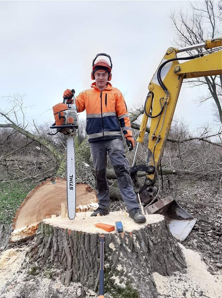 Młody mężczyzna w stroju ochronnym stoi na ściętym pniu drzewa, trzymając piłę spalinową Stihl; w tle widoczna koparka i powalone gałęzie.