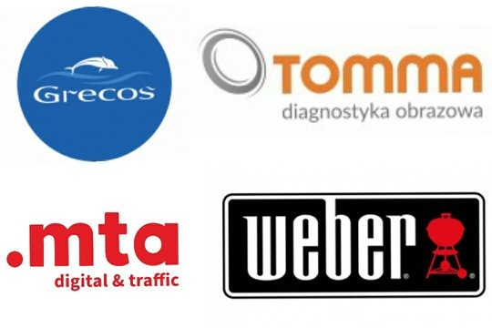Kompozycja czterech logotypów firm: Grecos z delfinem w niebieskim okręgu, Tomma diagnostyka obrazowa w pomarańczowo-szarym designie, .mta digital & traffic w czerwieni oraz Weber w czarno-białej...