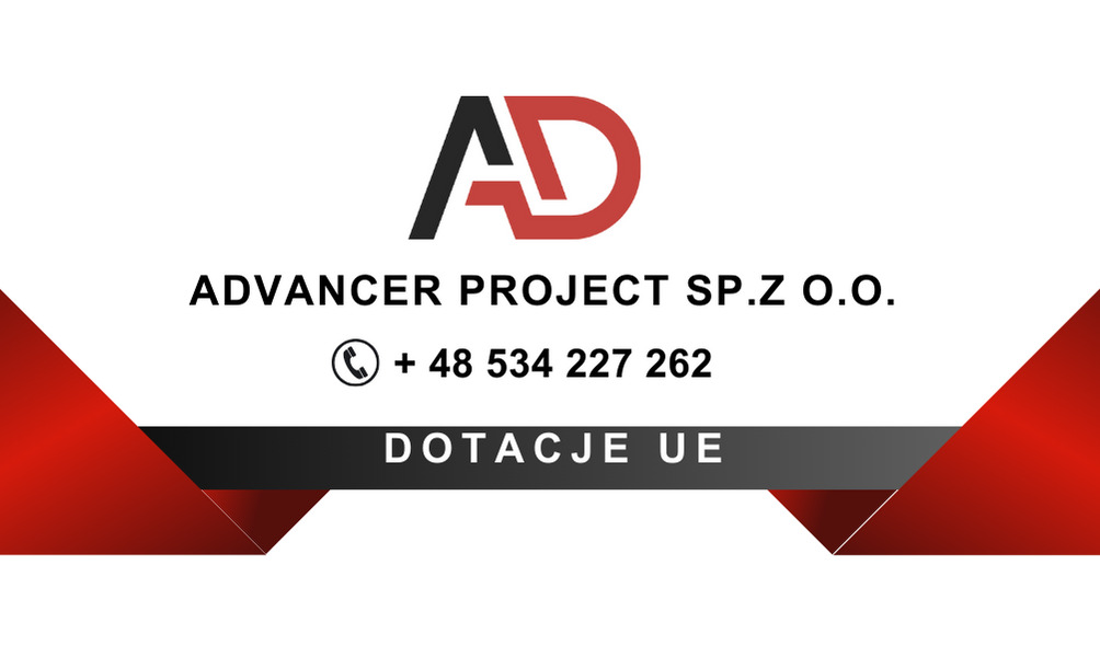 Logo firmy Advancer Project Sp. z o.o. z numerem telefonu i informacją o możliwości pozyskania środków z Unii Europejskiej, umieszczone na białym tle z czerwonymi akcentami w rogach.