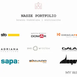 Portfolio firmy z branży budowlanej i wnętrzarskiej prezentujące logotypy klientów, w tym Sto, Domar, KreacjaPro, Adriana Furniture, Ovo Wrocław, Gala Collezione, Sapa, Invado i Anleger.