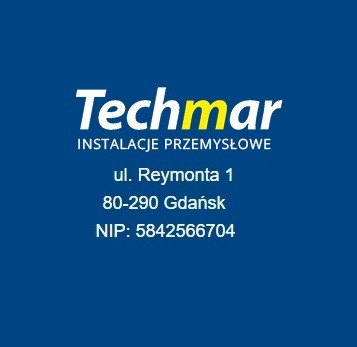 Logo firmy Techmar Instalacje Przemysłowe na niebieskim tle, zawierające nazwę, adres i NIP firmy w kolorze białym.