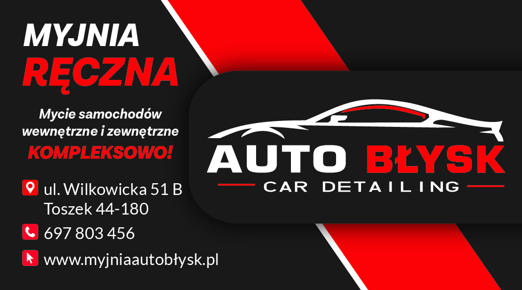 Wizytówka myjni ręcznej 'Auto Błysk' z grafiką samochodu w kolorach białym i czerwonym na szarym tle, prezentująca kompleksowe mycie samochodów wewnętrzne i zewnętrzne, adres oraz numer telefonu.