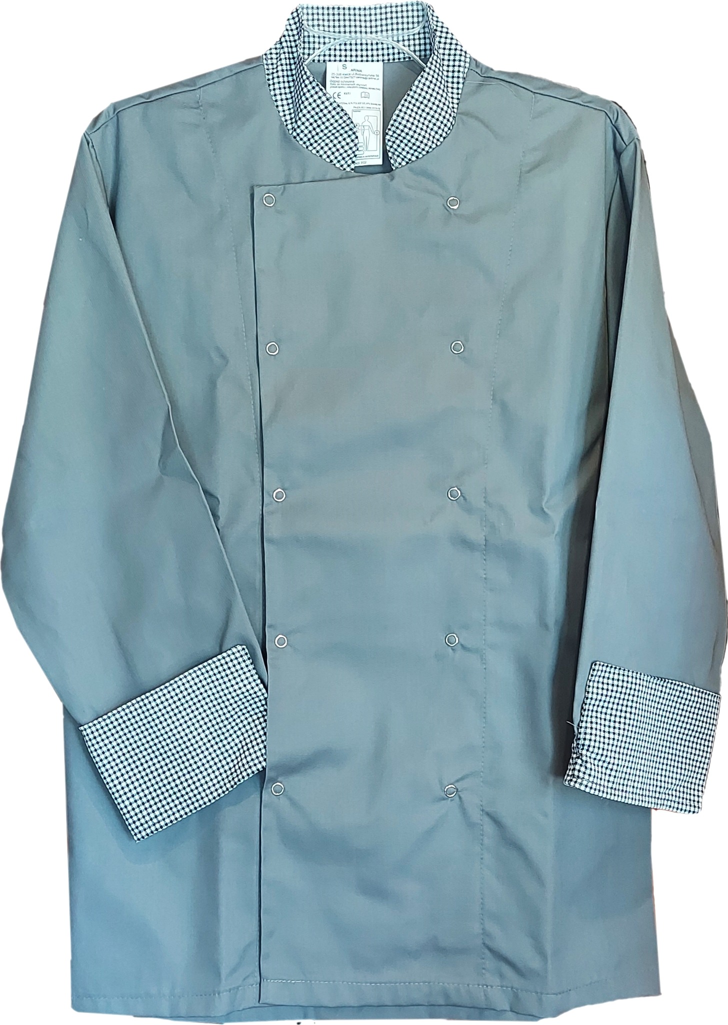 Bluza gastronomiczna szara z kontrastową stójką oraz mankietami z możliwością wywinięcia. Zapinana na dwurzędowe napy.