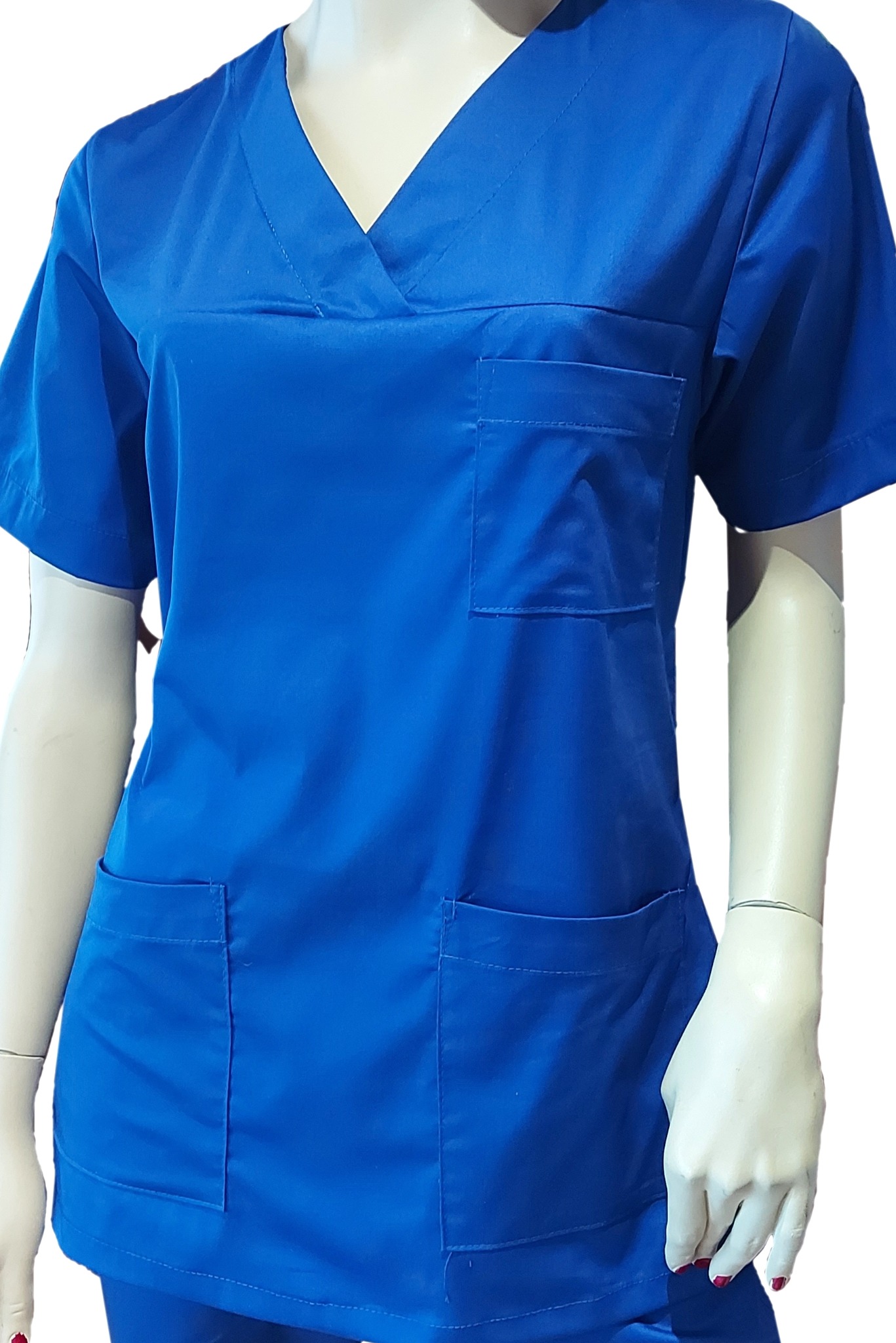 Bluza medyczna damska wkładana przez głowę, z krótkim rękawem. Tkanina z dodatkiem elastanu.