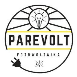 Czarno-białe logo firmy o nazwie PAREVOLT, z motywem żarówki w okręgu i wtyczką, nawiązujące do energii słonecznej.