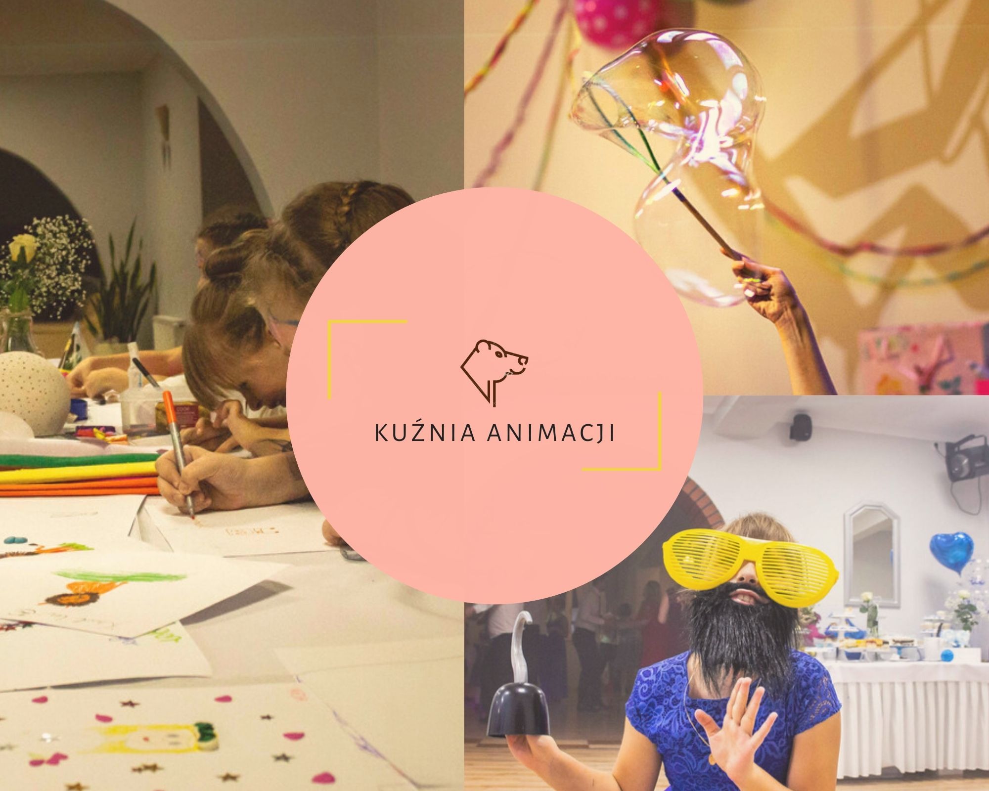 Kompozycja z czterech kadrów: dzieci rysujące, puszczanie baniek mydlanych, osoba w przebraniu z rekwizytami i dekoracje stołu, całość przesłonięta logotypem Kuźnia Animacji.