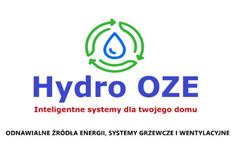 Logo firmy Hydro OZE, specjalizującej się w inteligentnych systemach dla domu, z naciskiem na odnawialne źródła energii, systemy grzewcze i wentylacyjne. Logo zawiera symbol kropli w otoczeniu...