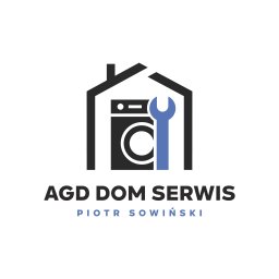 AgdDomSerwis Piotr Sowiński - Logo AGD Dom Serwis Piotr Sowiński: pralka w obrysie domu z kluczem francuskim. Minimalistyczny design w odcieniach szarości i błękitu.