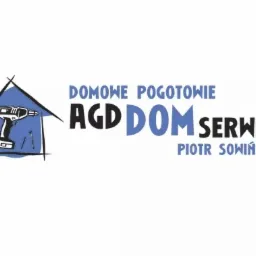 Logo firmy Domowe Pogotowie AGD Dom Serwis Piotr Sowiński, przedstawiające schematyczny rysunek domu z wiertarką w środku.