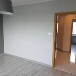 Pusty pokój po remoncie: świeżo pomalowane szare ściany, jasna podłoga imitująca drewno, otwarte drzwi z drewnianą okleiną i ciemnymi paskami, szara lampa wisząca, widok na dalsze pomieszczenie...