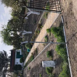 Świeżo postawione ogrodzenie z siatki w ogrodzie, widoczny fragment ścieżki, pomalowane na biało pnie drzew i mały domek w tle.