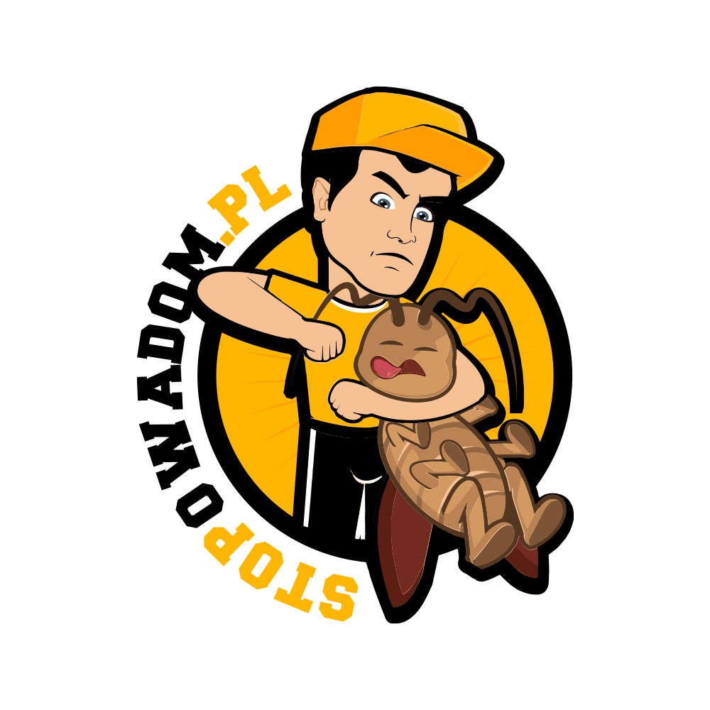 Karykaturalny mężczyzna w żółtej czapce i koszulce trzymający brązowego, płaczącego karalucha na tle logo 'STOPowadom.pl'.