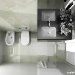 Biostani-architektura - Wizualizacja łazienki z góry: dwie umywalki nablatowe na czarnym blacie, toaleta, bidet, białe szafki i dekoracyjne kwiaty, marmurowe płytki na ścianach i podłodze.