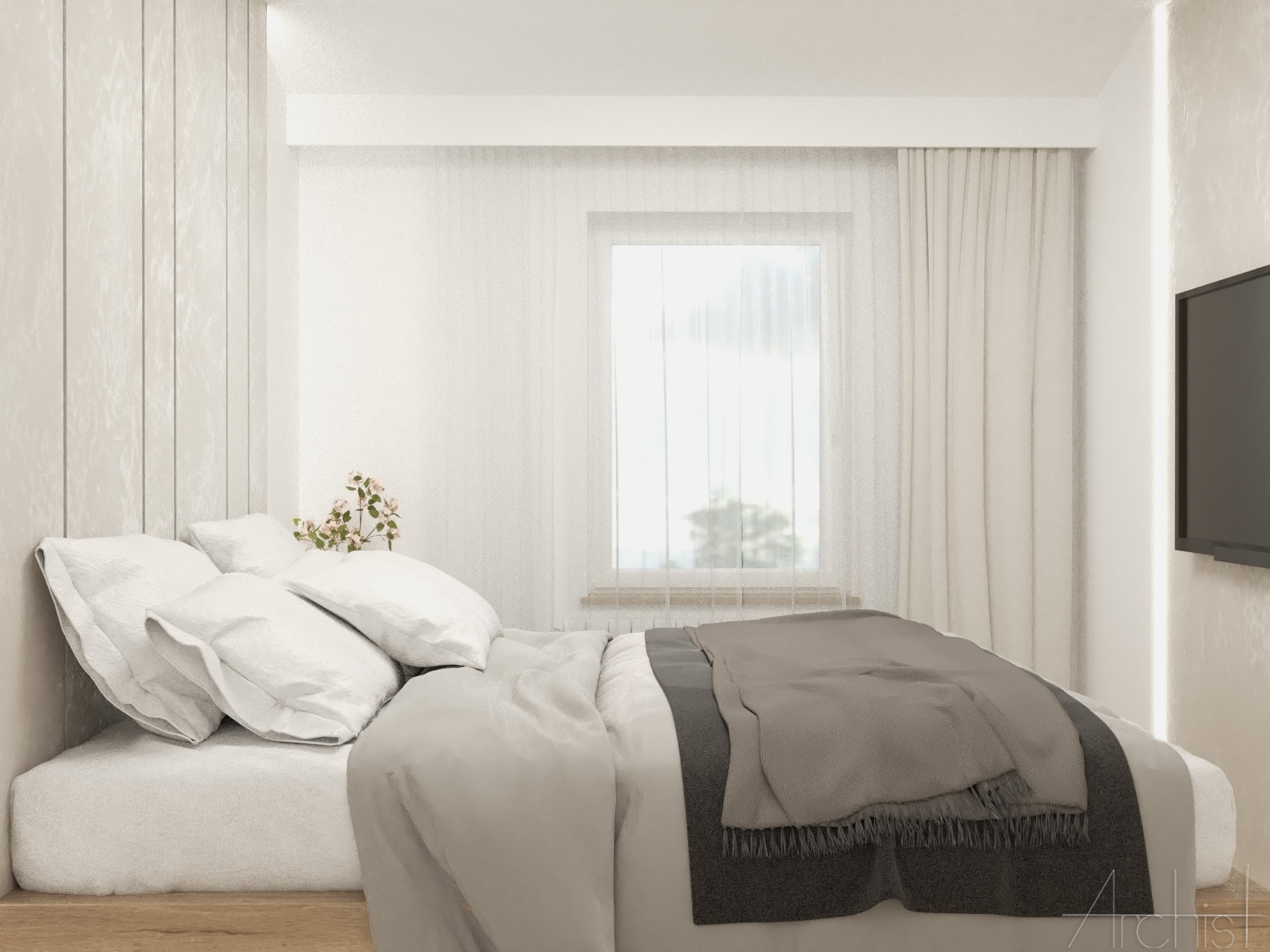 Jasna sypialnia w minimalistycznym stylu z łóżkiem z białymi poduszkami, szarym pledem, kwiatami w wazonie na szafce nocnej i telewizorem na ścianie.