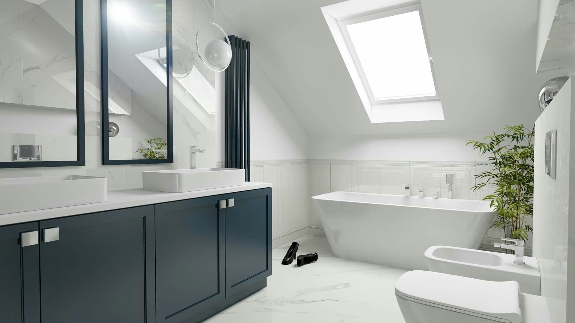 Nowoczesna łazienka na poddaszu z białą armaturą, ciemnogranatową szafką pod umywalką, marmurowymi płytkami i parą czarnych szpilek na podłodze.