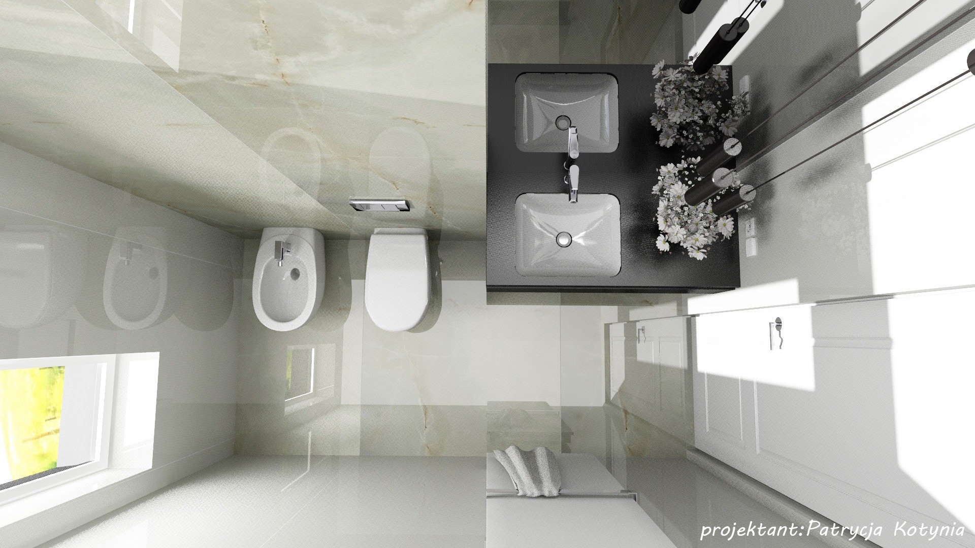 Wizualizacja łazienki z góry: dwie umywalki nablatowe na czarnym blacie, toaleta, bidet, białe szafki i dekoracyjne kwiaty, marmurowe płytki na ścianach i podłodze.