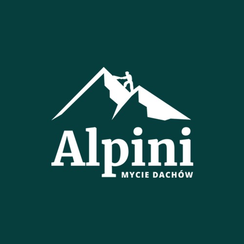 Logo firmy Alpini z sylwetką wspinacza na tle gór, specjalizującej się w myciu dachów, na ciemnozielonym tle.