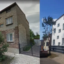 Porównanie stanu budynku przed i po renowacji: surowe mury kontra otynkowana i pomalowana fasada z nową czarną bramą.
