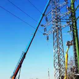 Prace konserwacyjne na słupach wysokiego napięcia z użyciem niebieskiego dźwigu z pomarańczowymi akcentami i żółtego podnośnika koszowego na tle błękitnego nieba.