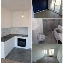 Kompletny remont mieszkania: Nowoczesna biała kuchnia z szarym blatem, łazienka z kabiną prysznicową i toaletą podtynkową, pokój z ciemnoniebieską ścianą i wyjściem na balkon, oraz puste...