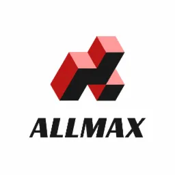 Logo firmy ALLMAX z geometrycznym symbolem złożonym z czerwonych i czarnych sześcianów, umieszczone na białym tle.