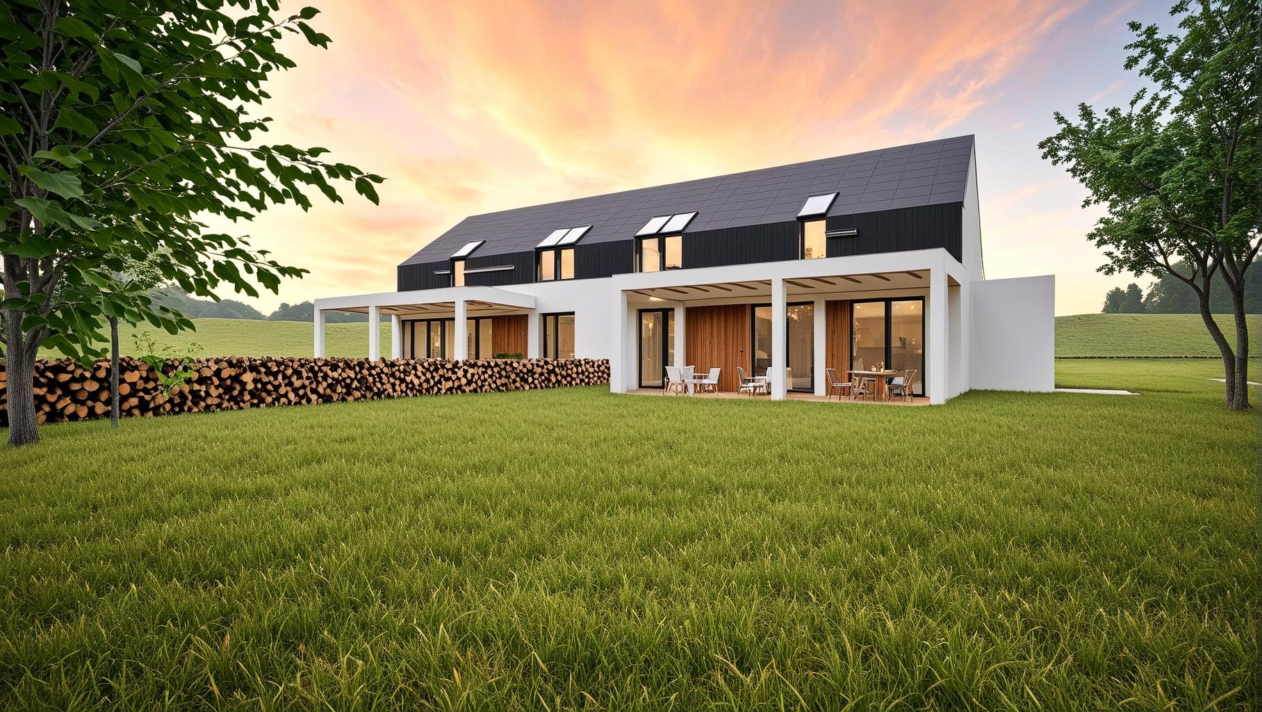 Wizualizacja nowoczesnego domu z czarnym dachem i białymi ścianami, z drewnianymi elementami wykończenia i ułożonym drewnem na trawniku, w ciepłym świetle zachodzącego słońca.