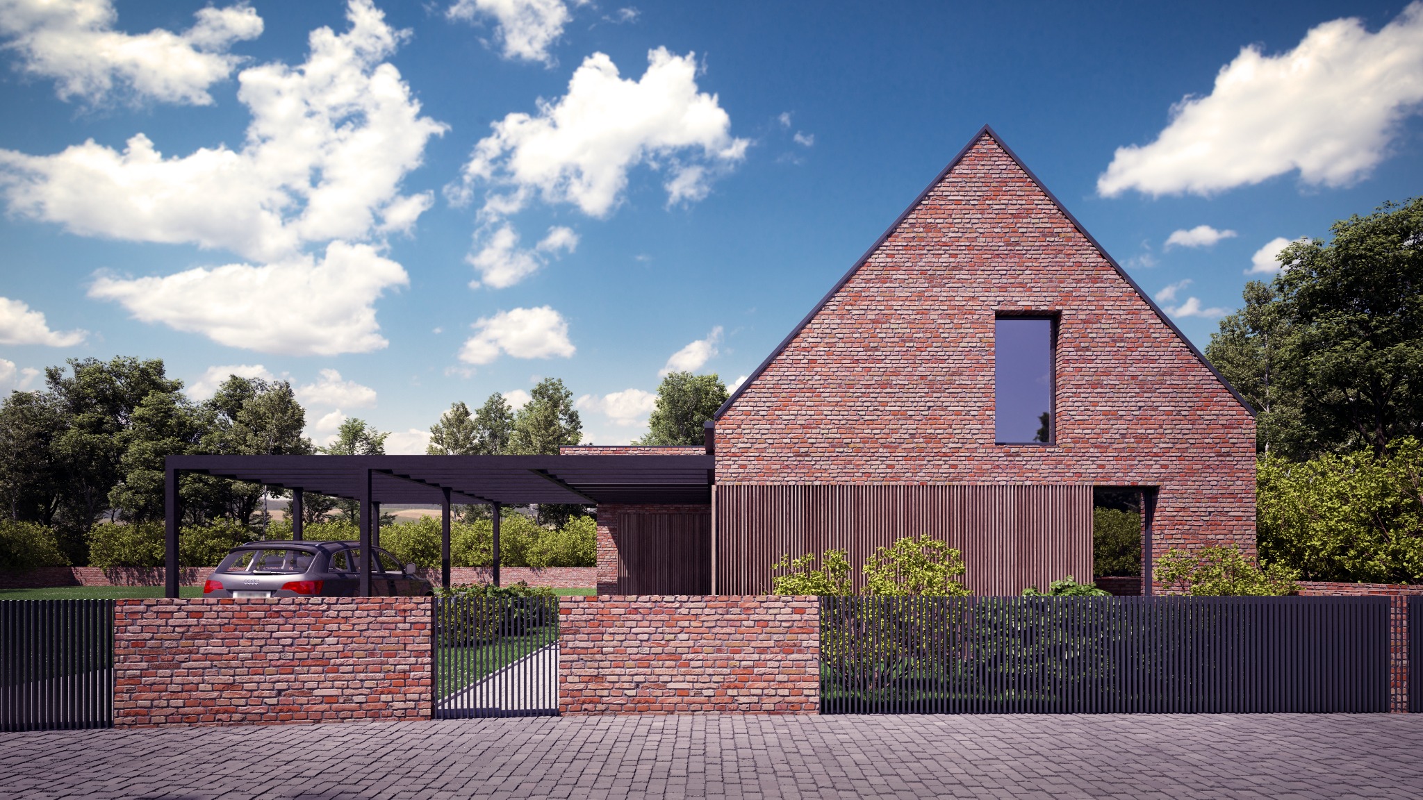 Wizualizacja domu z czerwonej cegły z garażem pod wiatą, nowoczesne ogrodzenie, błękitne niebo z chmurami. Projekt domu jednorodzinnego z elementami drewna.