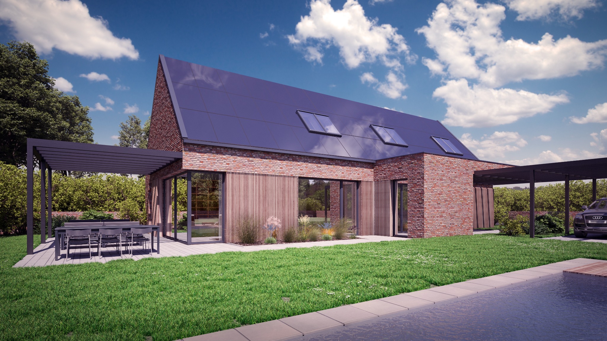 Nowoczesny dom z cegły klinkierowej z ciemnym dachem i dużymi oknami, otoczony zielenią. Widoczna pergola z meblami ogrodowymi i wiata garażowa z samochodem.