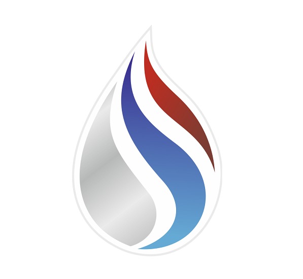 Stylizowana kropla w barwach biało-niebiesko-czerwonych, logo firmy.