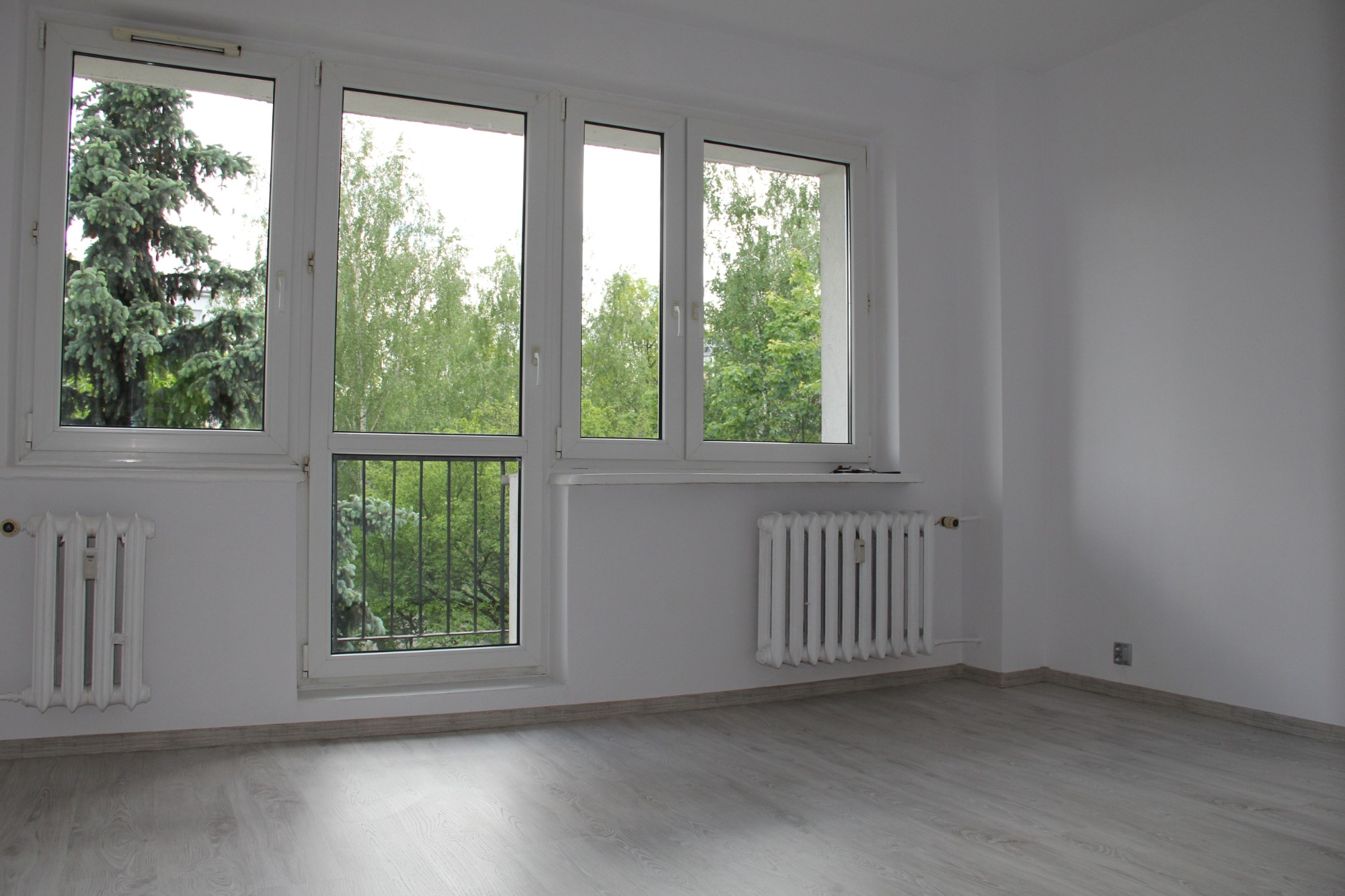 Jasne, puste pomieszczenie z parkietem, białymi ścianami i oknami z widokiem na zieleń, z dwoma grzejnikami żeliwnymi pod oknami.