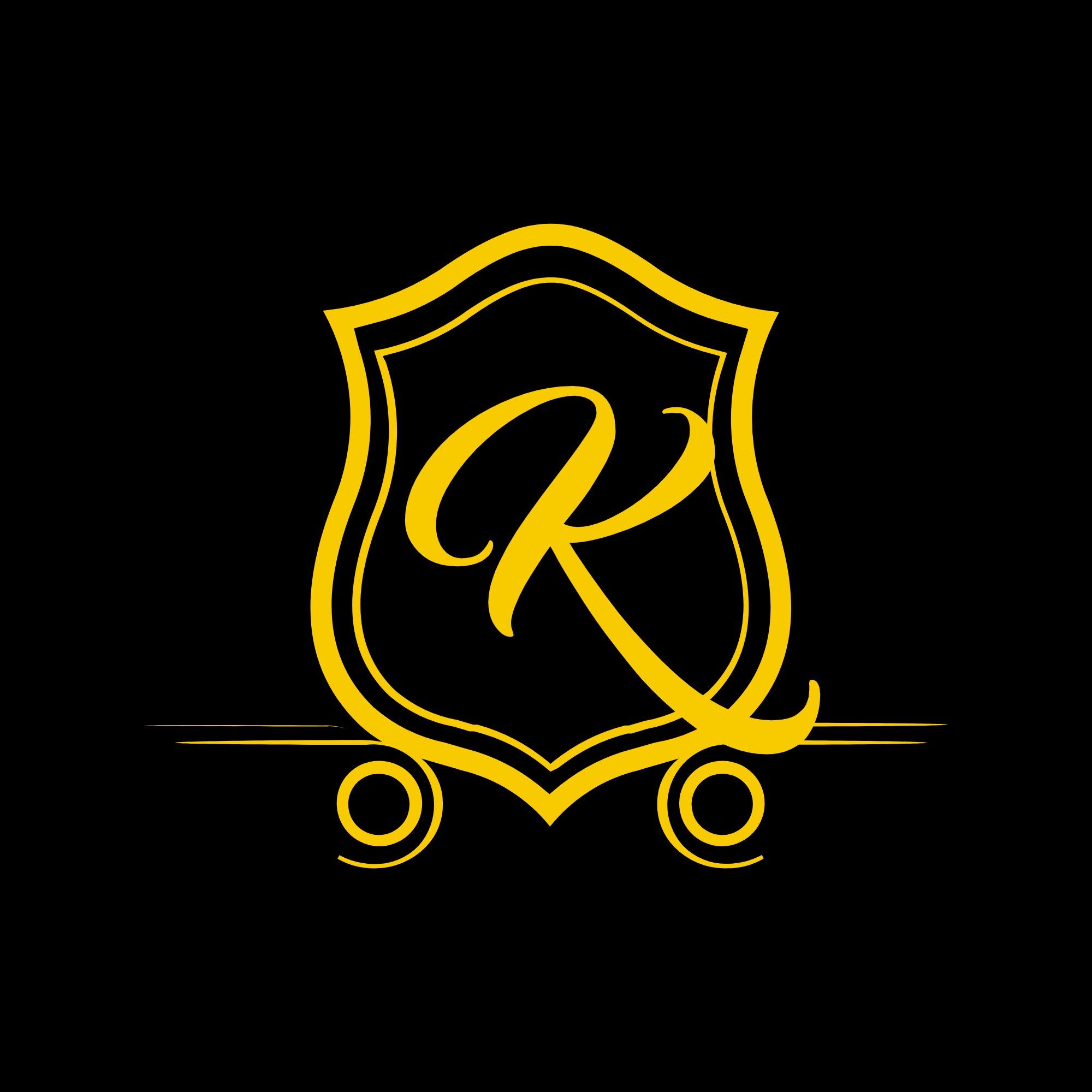 Elegancki złoty monogram litery K w ozdobnej tarczy na czarnym tle, stylizowany na logo firmy transportowej.