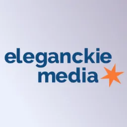 Logo firmy Elegancckie Media z nazwą w kolorze granatowym i pomarańczową gwiazdą po prawej stronie na jasnym tle.