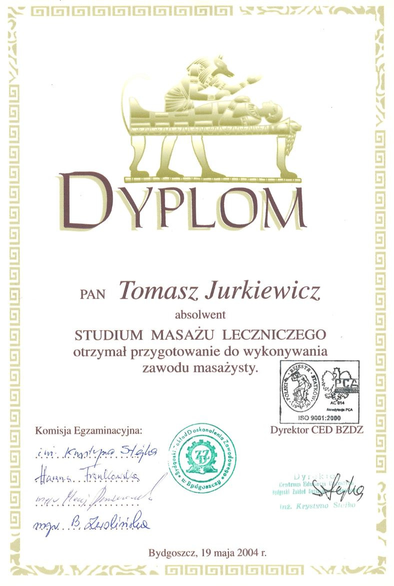 Skan dyplomu ukończenia studium masażu leczniczego dla Tomasza Jurkiewicza, wydany w Bydgoszczy 19 maja 2004 roku, z ilustracją egipskiego masażu.