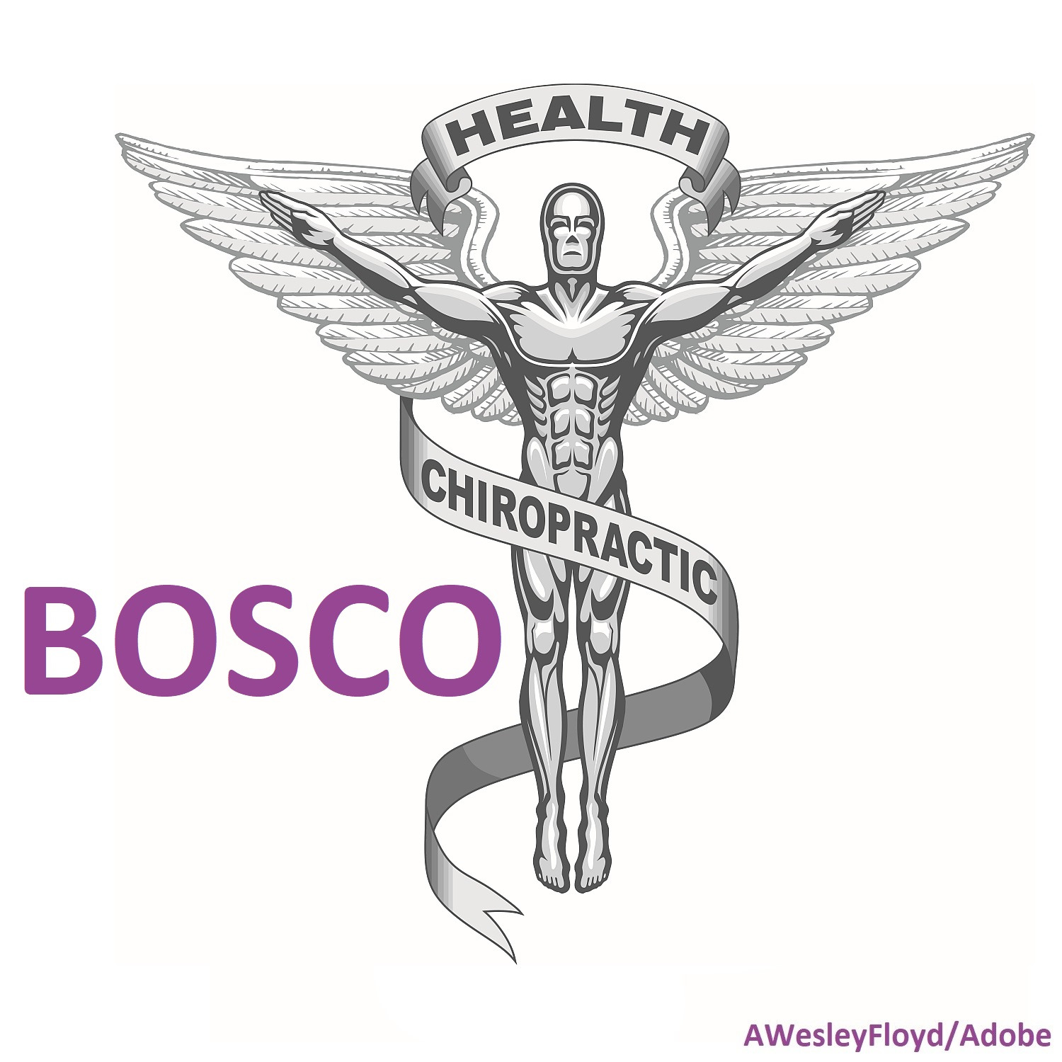 Ilustracja przedstawiająca uskrzydloną postać ludzką z napisem 'HEALTH' nad głową i 'CHIROPRACTIC' poniżej, z fioletowym napisem 'BOSCO' po lewej stronie, na białym tle.