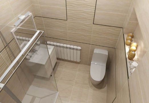 Jasna łazienka z kabiną prysznicową, umywalką z szafką, grzejnikiem i toaletą, wykończona beżowymi płytkami z subtelnym wzorem fal. Wbudowana półka z dekoracyjnymi kulami dodaje charakteru.