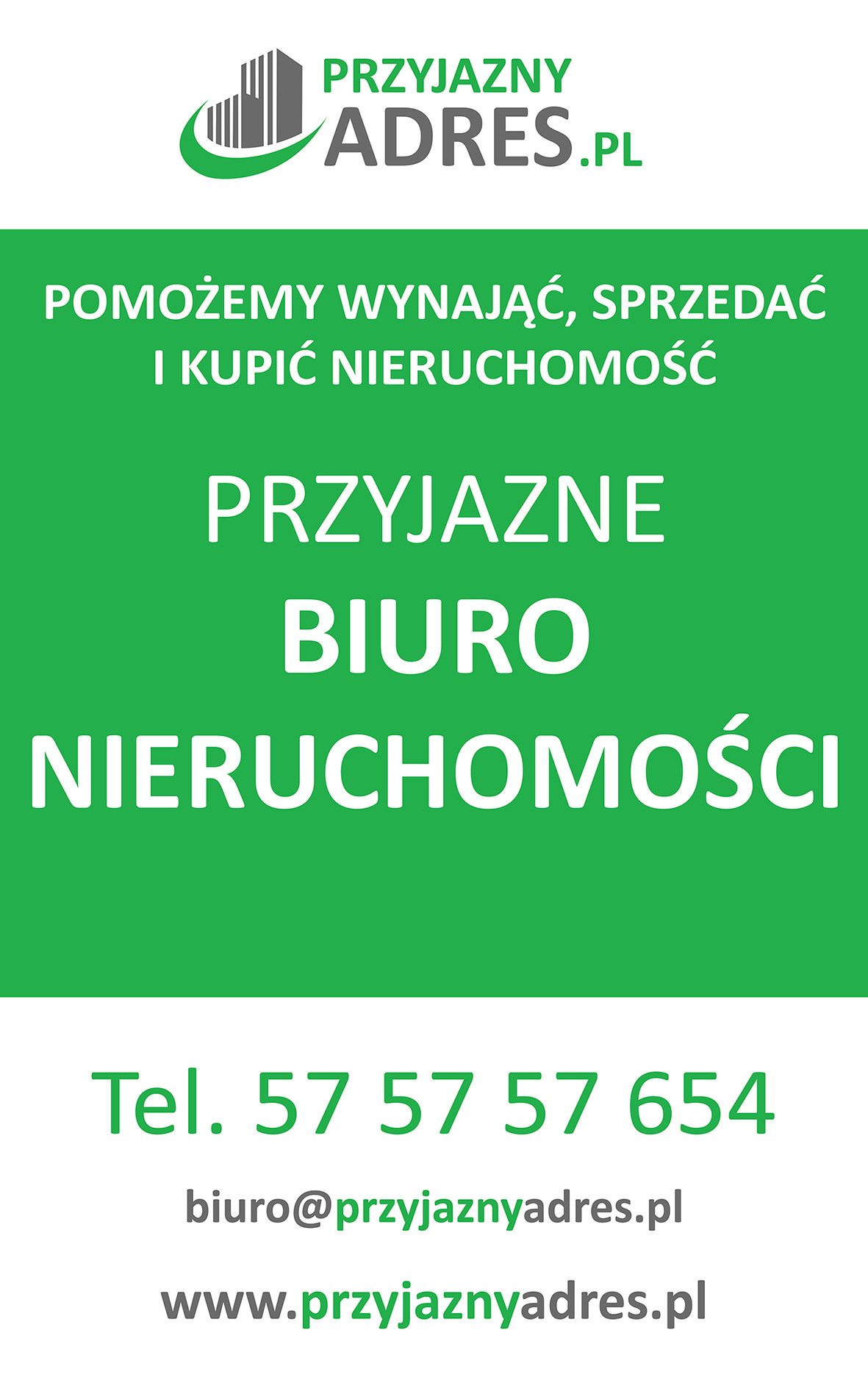 Grafika reklamowa biura nieruchomości 'Przyjazny Adres.pl' z informacją o pomocy w wynajmie, sprzedaży i kupnie nieruchomości, numerem telefonu, adresem email i adresem strony internetowej.
