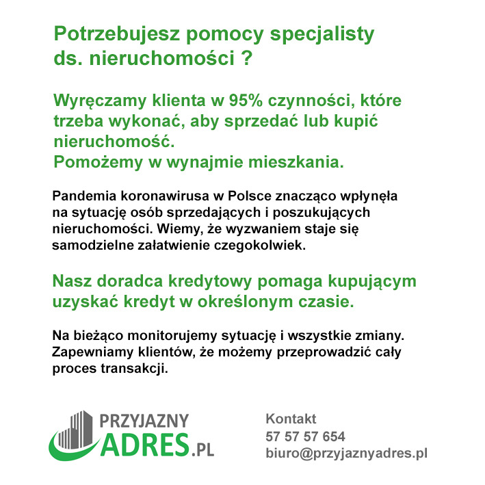 Tekst reklamowy agencji nieruchomości 'Przyjazny Adres.pl' z informacją o pomocy w sprzedaży, kupnie i wynajmie mieszkań, doradztwie kredytowym i monitoringu transakcji.