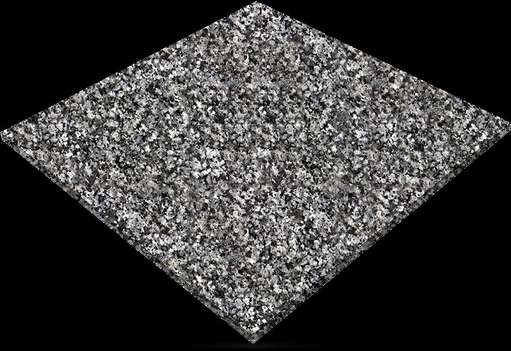 Płyta granitowa w kształcie rombu na czarnym tle, prezentująca drobnoziarnistą strukturę w odcieniach szarości, bieli i czerni.