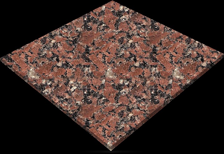 Płyta z czerwonego granitu z czarnymi i białymi plamkami, ułożona romboidalnie na czarnym tle z delikatnym cieniem.