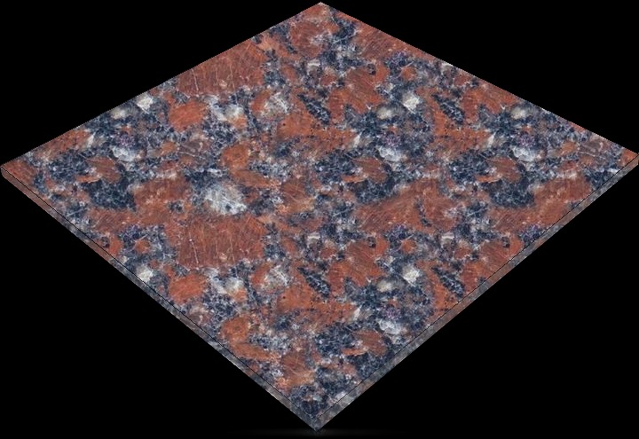 Płyta z polerowanego granitu w odcieniach czerwieni, szarości i czerni, ułożona pod kątem na czarnym tle, prezentacja próbki materiału.