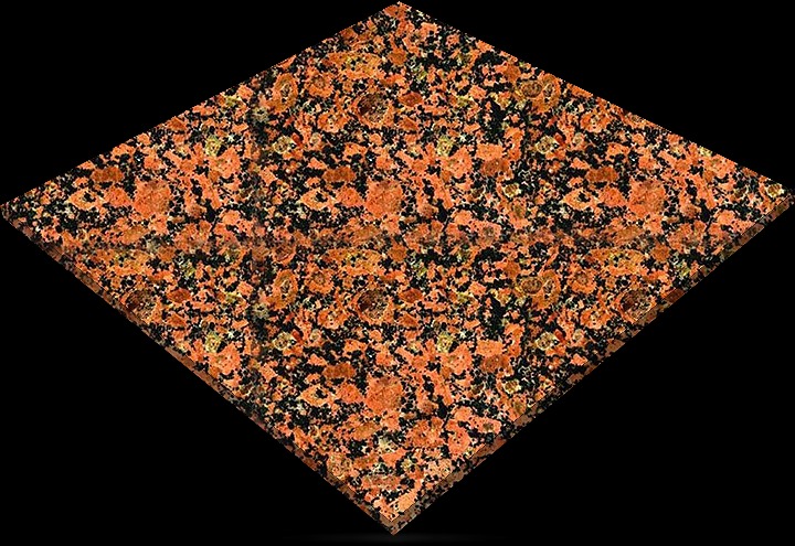 Przekrój próbki polerowanego granitu o nieregularnym wzorze, w odcieniach czerwieni, czerni i beżu, ujęty pod kątem na czarnym tle.