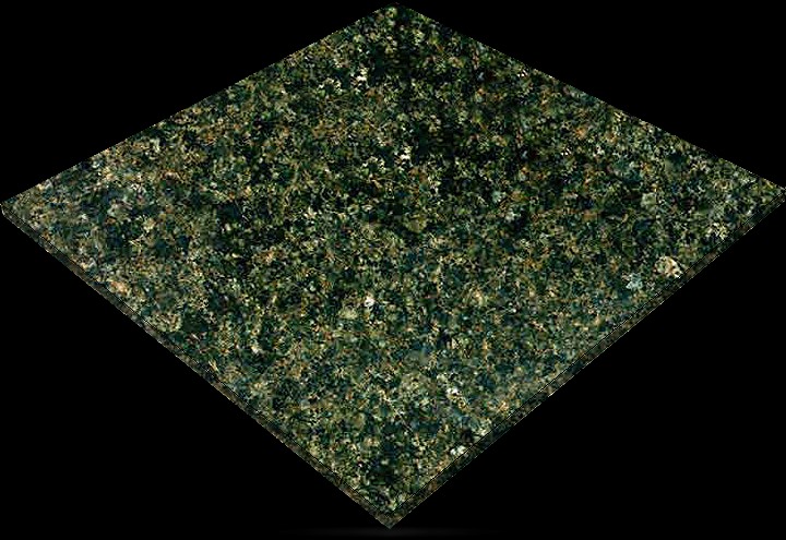 Płyta z zielonego granitu o szorstkiej powierzchni, ułożona w romb na czarnym tle, prezentująca strukturę kamienia.