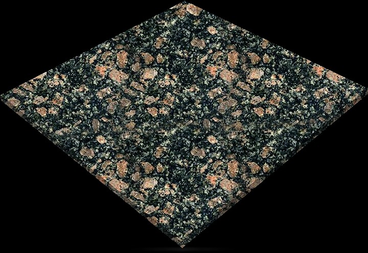 Przekrój próbki granitu o ciemnej, zielonkawo-czarnej barwie z brązowymi, okrągłymi inkluzjami, ułożony w kształt rombu na czarnym tle.