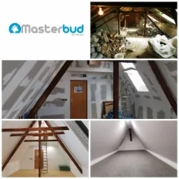 Kolaż zdjęć z remontu poddasza: logo firmy, etap demontażu, przygotowanie ścian, oraz finalny efekt z szarym dywanem.