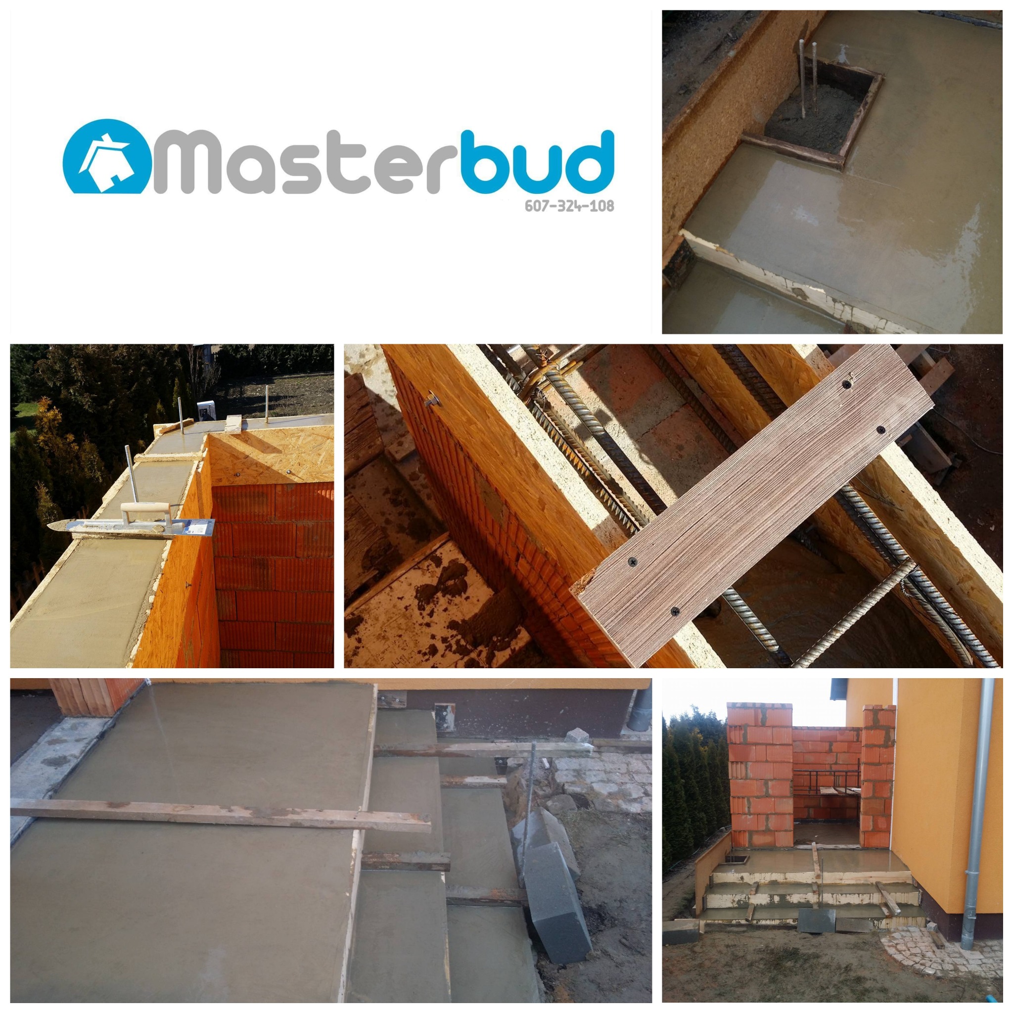 Kompozycja zdjęć z budowy: logo firmy Masterbud, zalewanie betonem konstrukcji zbrojeniowej, murowanie z czerwonej cegły.