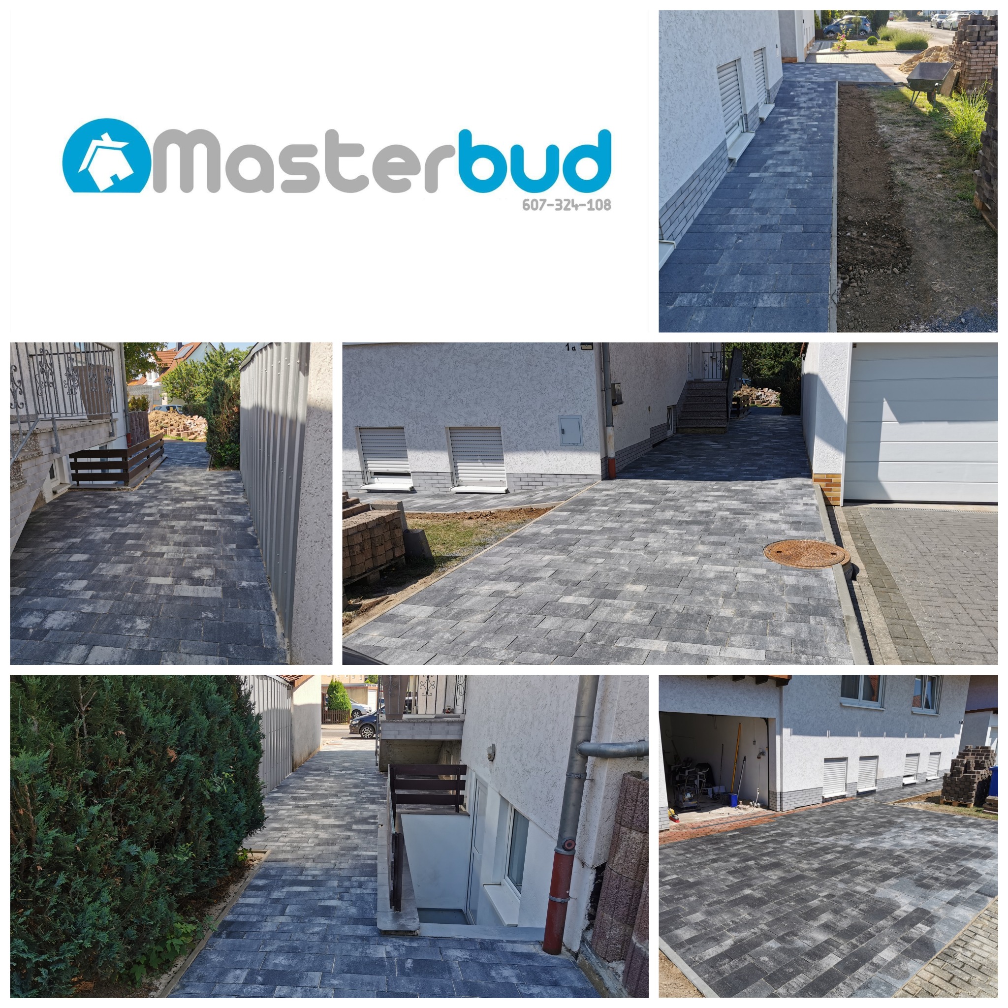 Kompozycja zdjęć prezentująca ułożoną szarą kostkę brukową wokół domu z logo Masterbud, widok na różne fragmenty posesji z nową nawierzchnią.